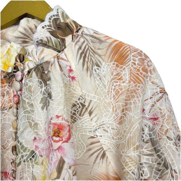 Boston Proper Floral Embroidered Button Up Linen Tunic Blouse Size M Ipanema - Picture 5 of 10